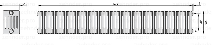 Схема (чертеж) Радиатор Zehnder Charleston 6030/42 №7610 Белый глянцевый RAL 9016